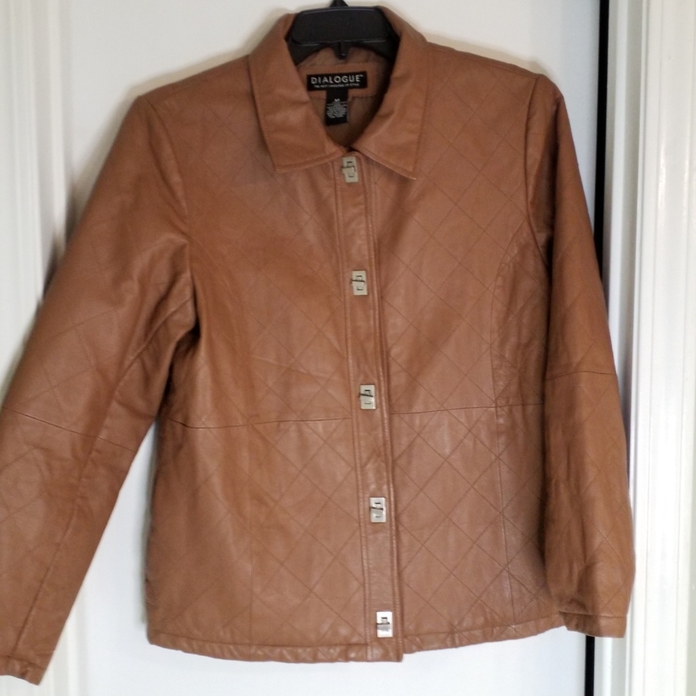 Dialogue Diamond Stitch camel leather jacket size